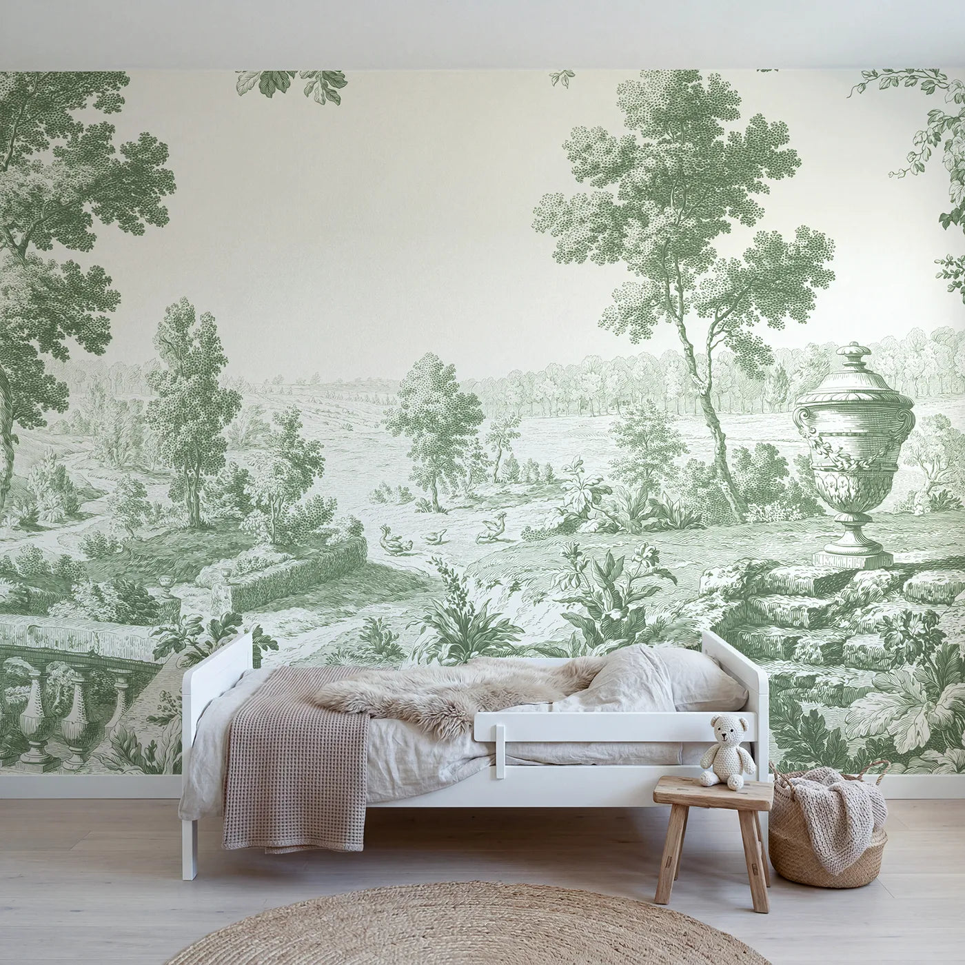 Toile wall mural of a garden urn on stone steps in green ink by Whimsy Tots