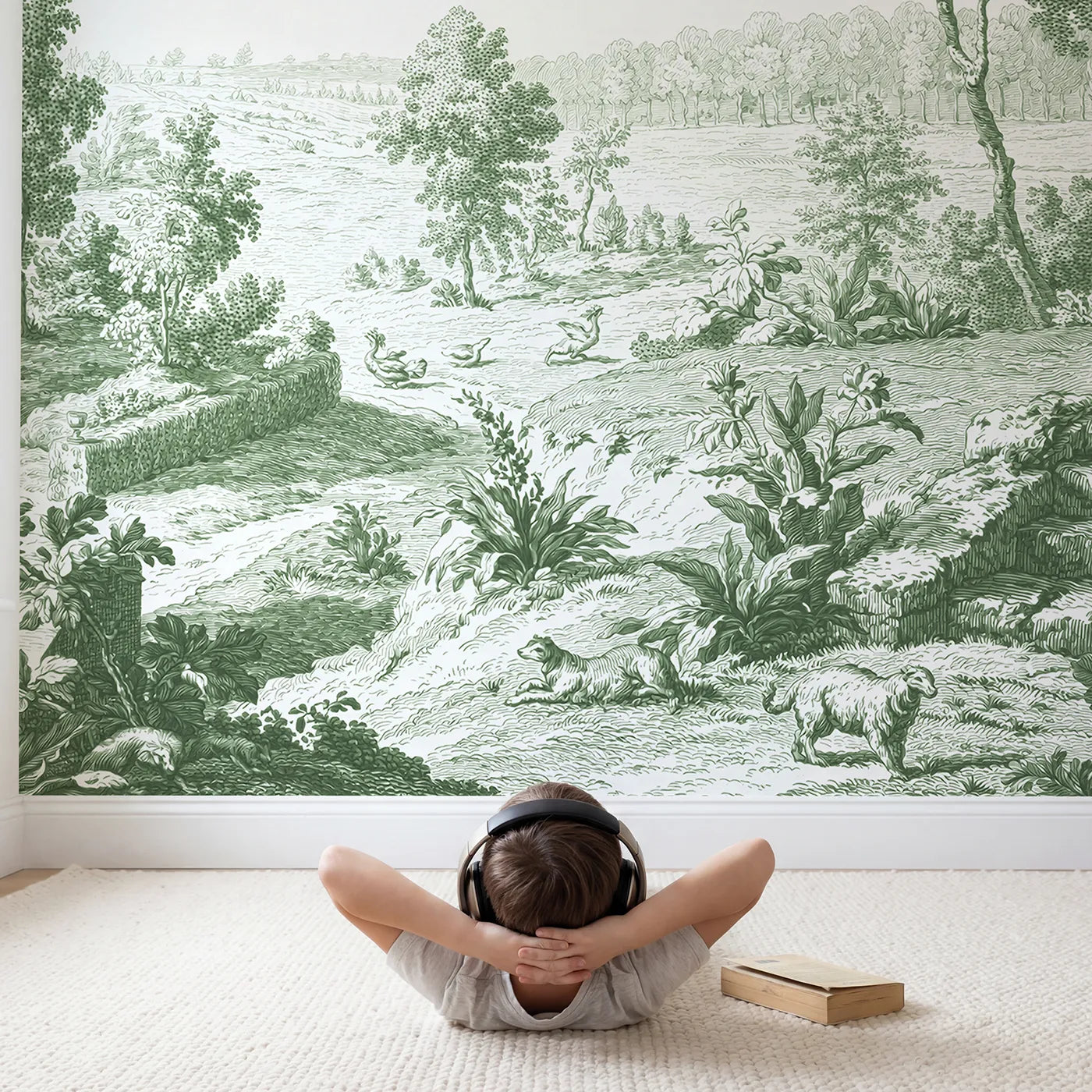 Child in nursery with Garden Urn Steps Wallpaper Mural in Green by Whimsy Tots