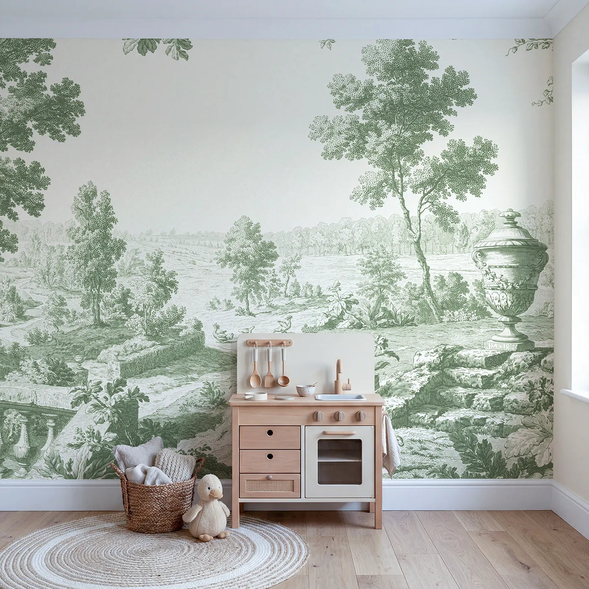Garden Urn Steps Wallpaper Mural in Green in playroom setting by Whimsy Tots
