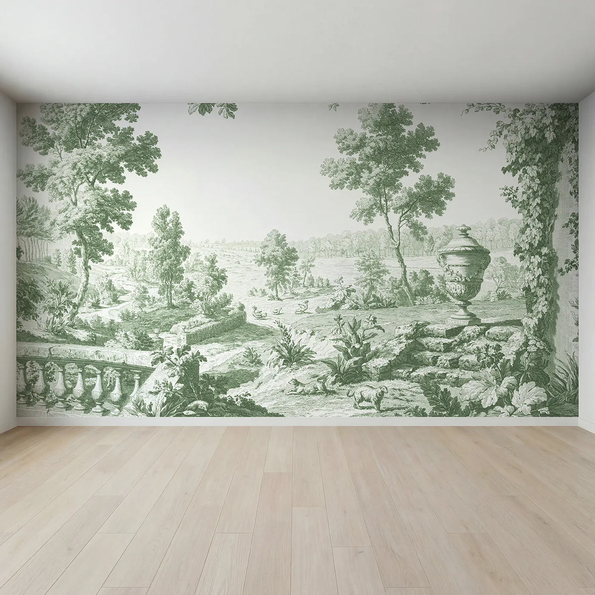 Full view of Garden Urn Steps Wallpaper Mural in Green by Whimsy Tots