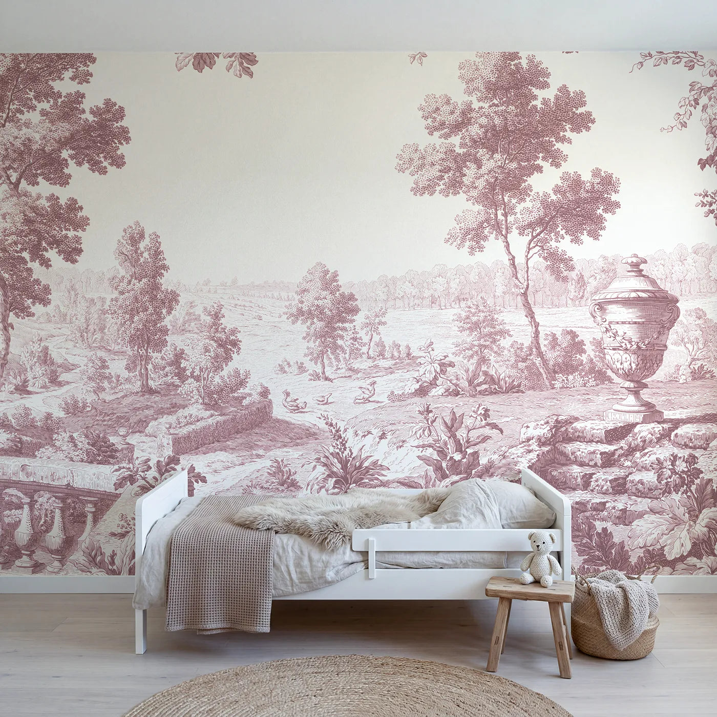 Toile wall mural of a garden urn on stone steps in pink ink by Whimsy Tots
