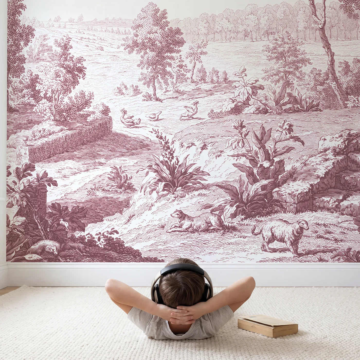 Child in nursery with Garden Urn Steps Wallpaper Mural in Pink by Whimsy Tots