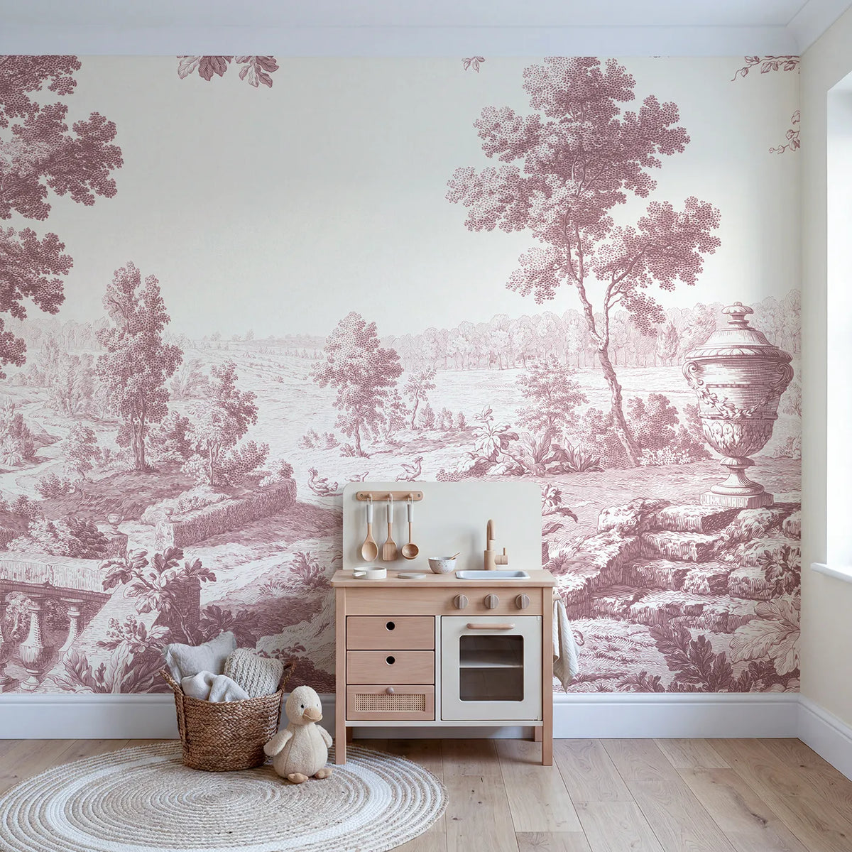 Garden Urn Steps Wallpaper Mural in Pink in playroom setting by Whimsy Tots