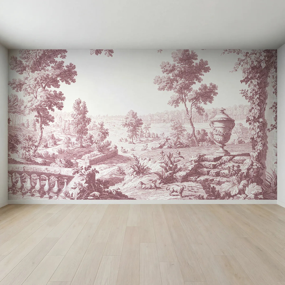 Full view of Garden Urn Steps Wallpaper Mural in Pink by Whimsy Tots