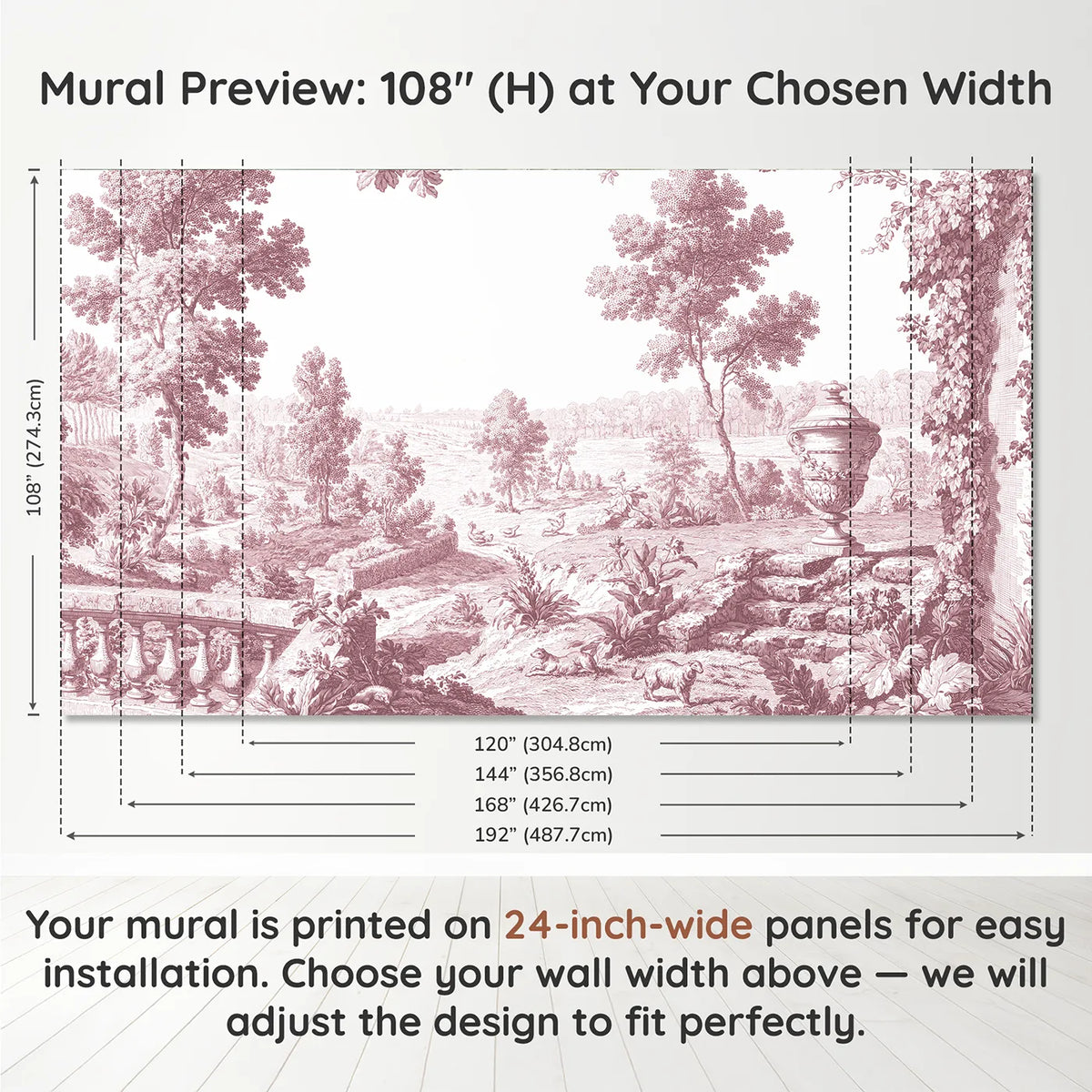 Panel layout and dimensions for Garden Urn Steps Wallpaper Mural in Pink by Whimsy Tots