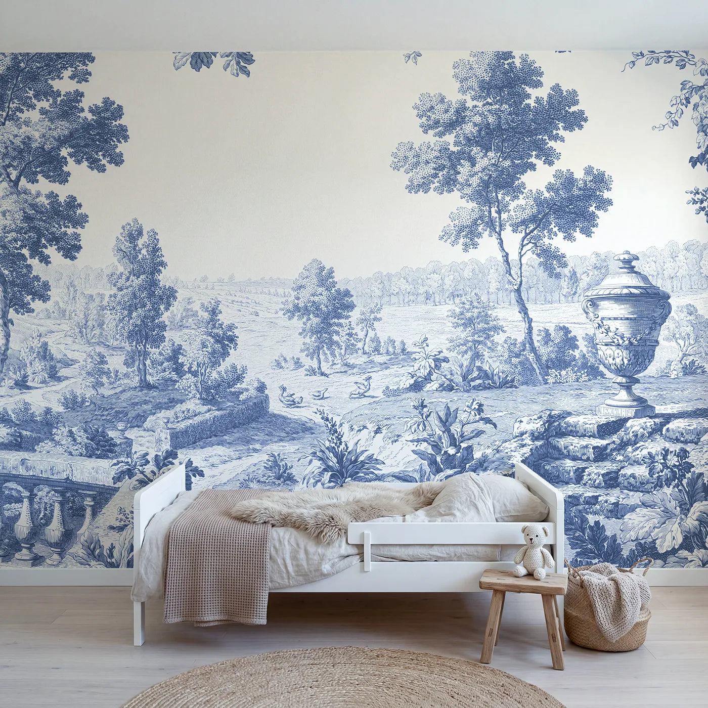 Toile wall mural of a garden urn on stone steps in single ink by Whimsy Tots