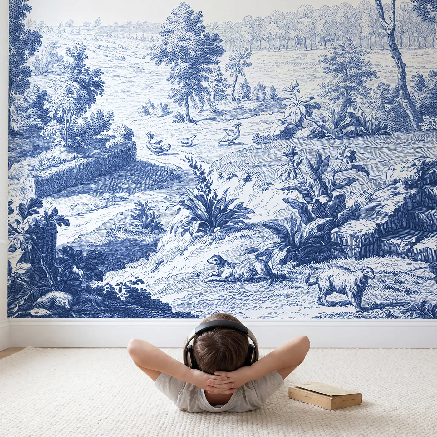 Child in nursery with Garden Urn Steps Wallpaper Mural by Whimsy Tots
