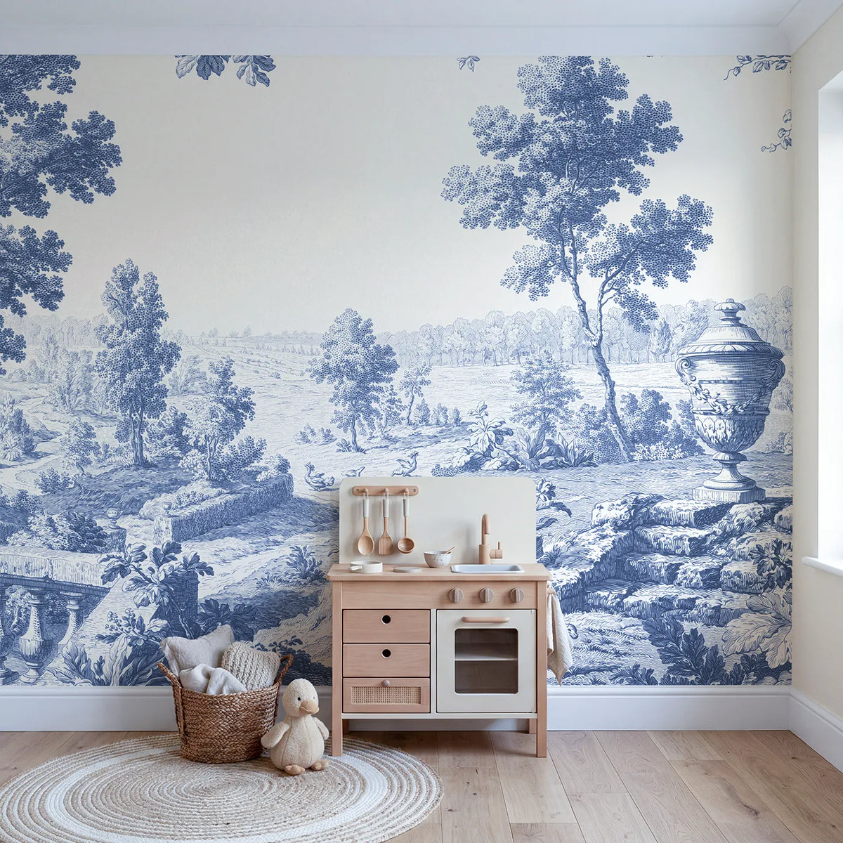 Garden Urn Steps Wallpaper Mural in playroom setting by Whimsy Tots
