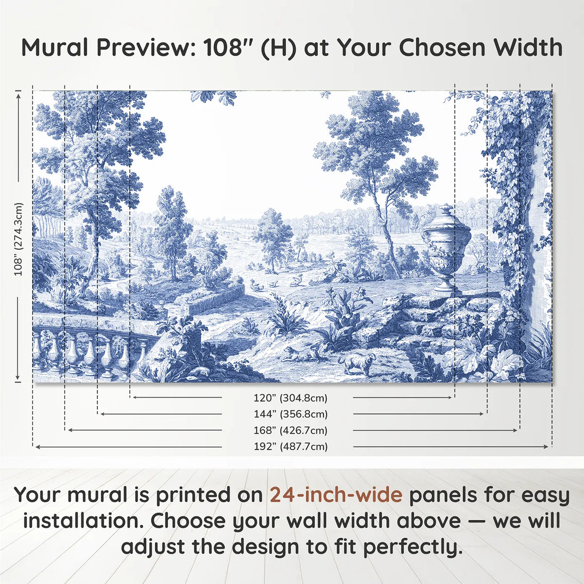 Panel layout and dimensions for Garden Urn Steps Wallpaper Mural by Whimsy Tots