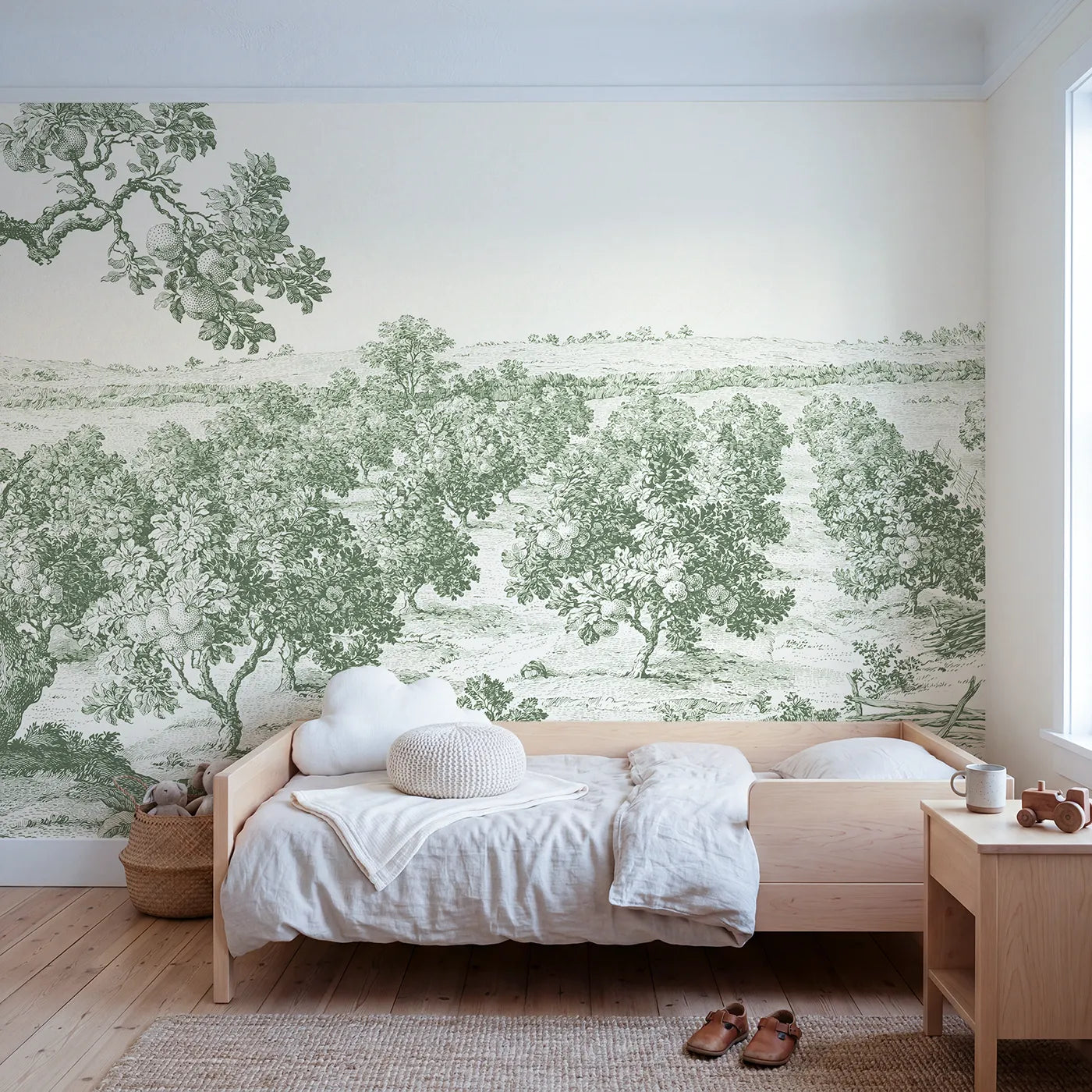 Toile wall mural of apple orchard rows in green ink by Whimsy Tots