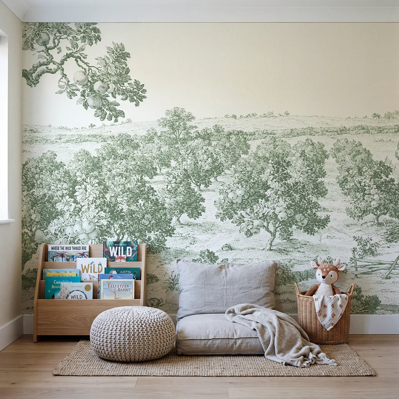 Apple Orchard Rows Wallpaper Mural in Green in playroom setting by Whimsy Tots