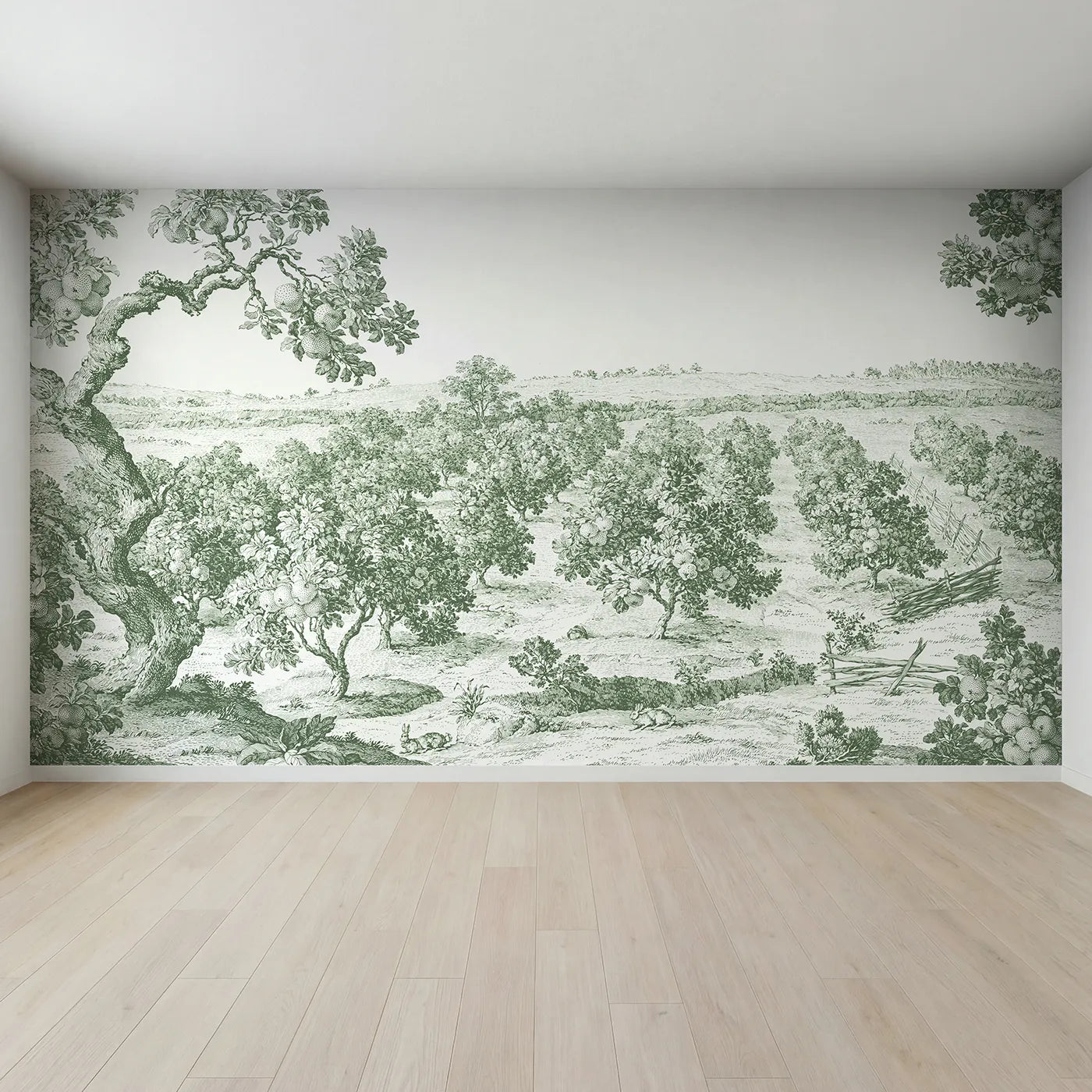 Full view of Apple Orchard Rows Wallpaper Mural in Green by Whimsy Tots