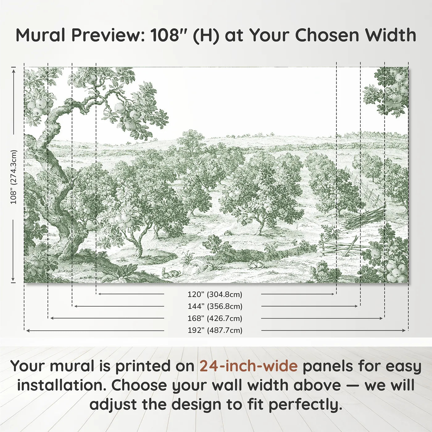 Panel layout and dimensions for Apple Orchard Rows Wallpaper Mural in Green by Whimsy Tots