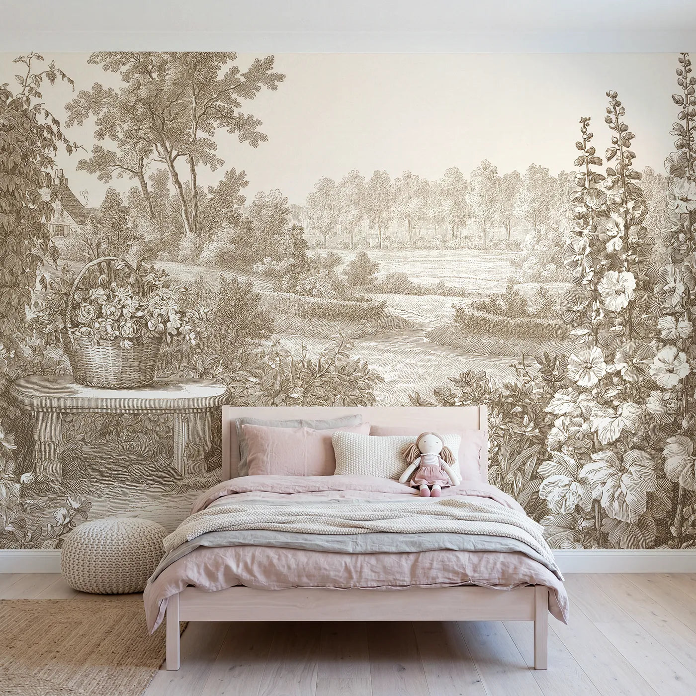 Toile wall mural of a brimming flower basket in brown ink by Whimsy Tots