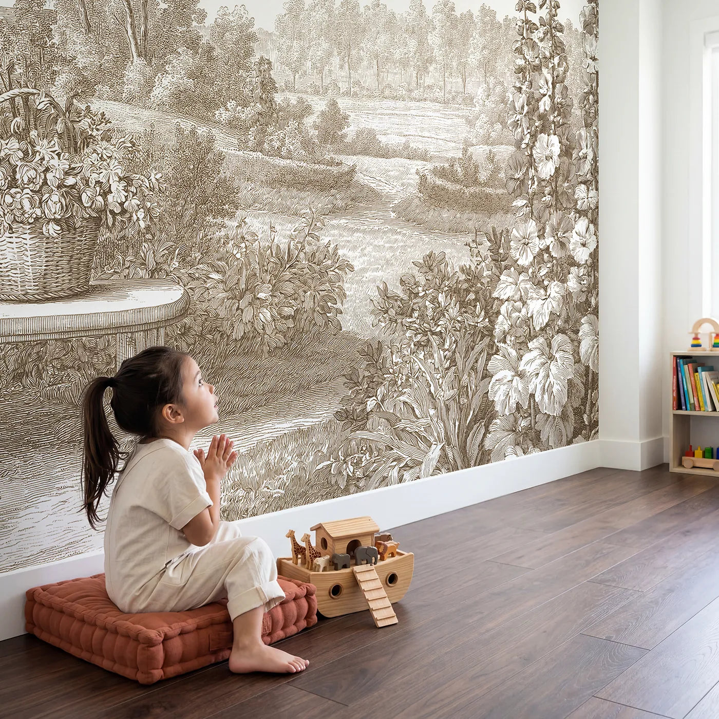 Child in nursery with Flower Basket Still Wallpaper Mural in Brown by Whimsy Tots