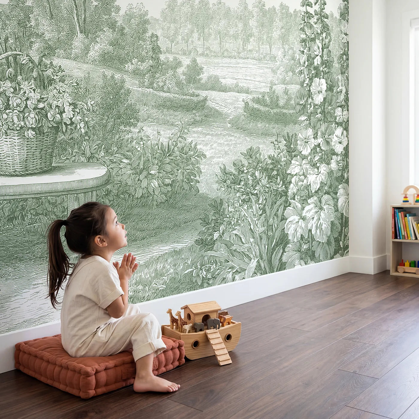 Child in nursery with Flower Basket Still Wallpaper Mural in Green by Whimsy Tots