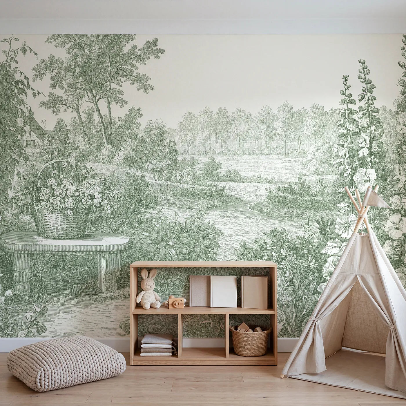 Flower Basket Still Wallpaper Mural in Green in playroom setting by Whimsy Tots