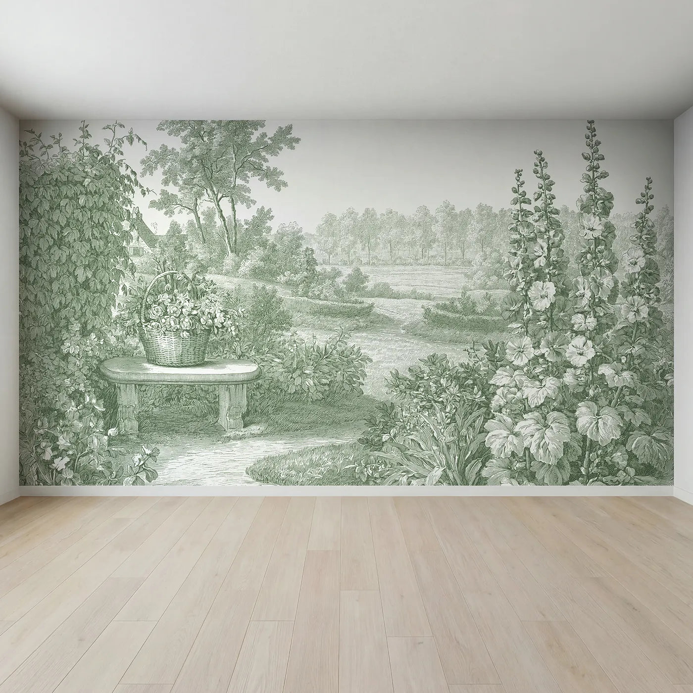 Full view of Flower Basket Still Wallpaper Mural in Green by Whimsy Tots