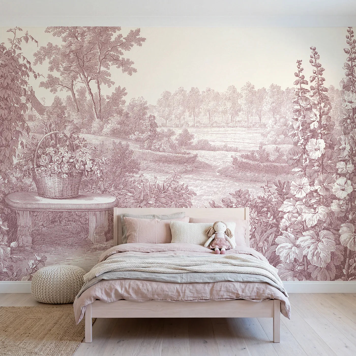 Toile wall mural of a brimming flower basket in pink ink by Whimsy Tots