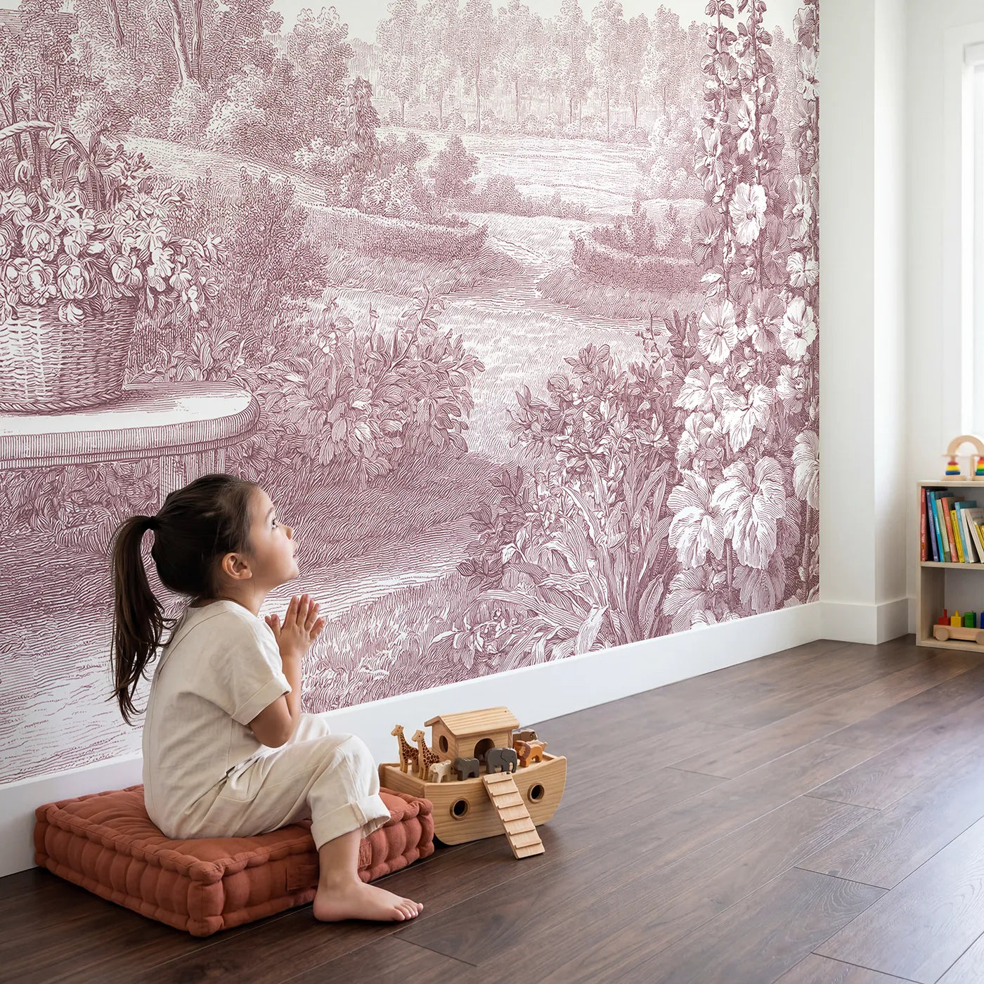 Child in nursery with Flower Basket Still Wallpaper Mural in Pink by Whimsy Tots