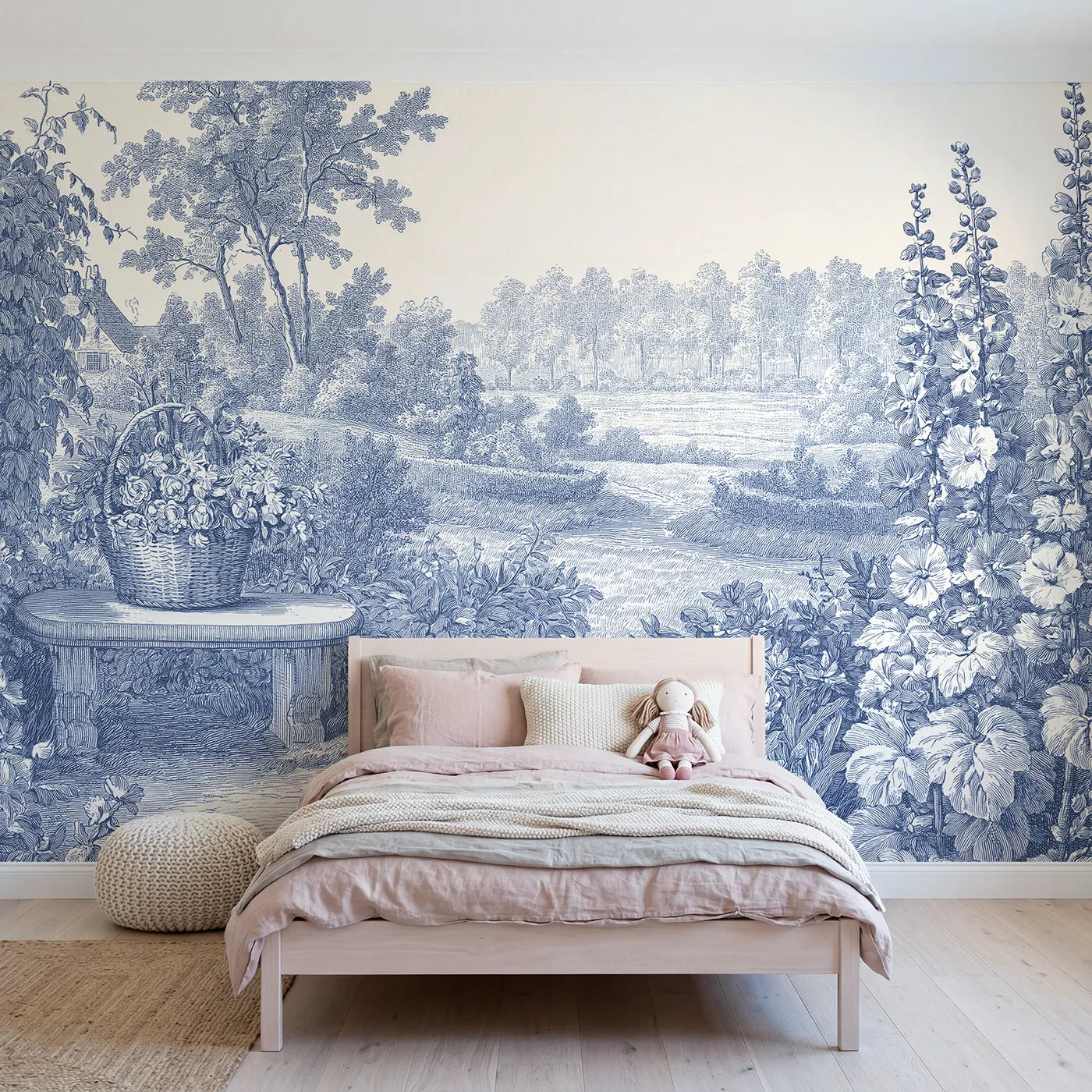 Toile wall mural of a brimming flower basket in single ink by Whimsy Tots