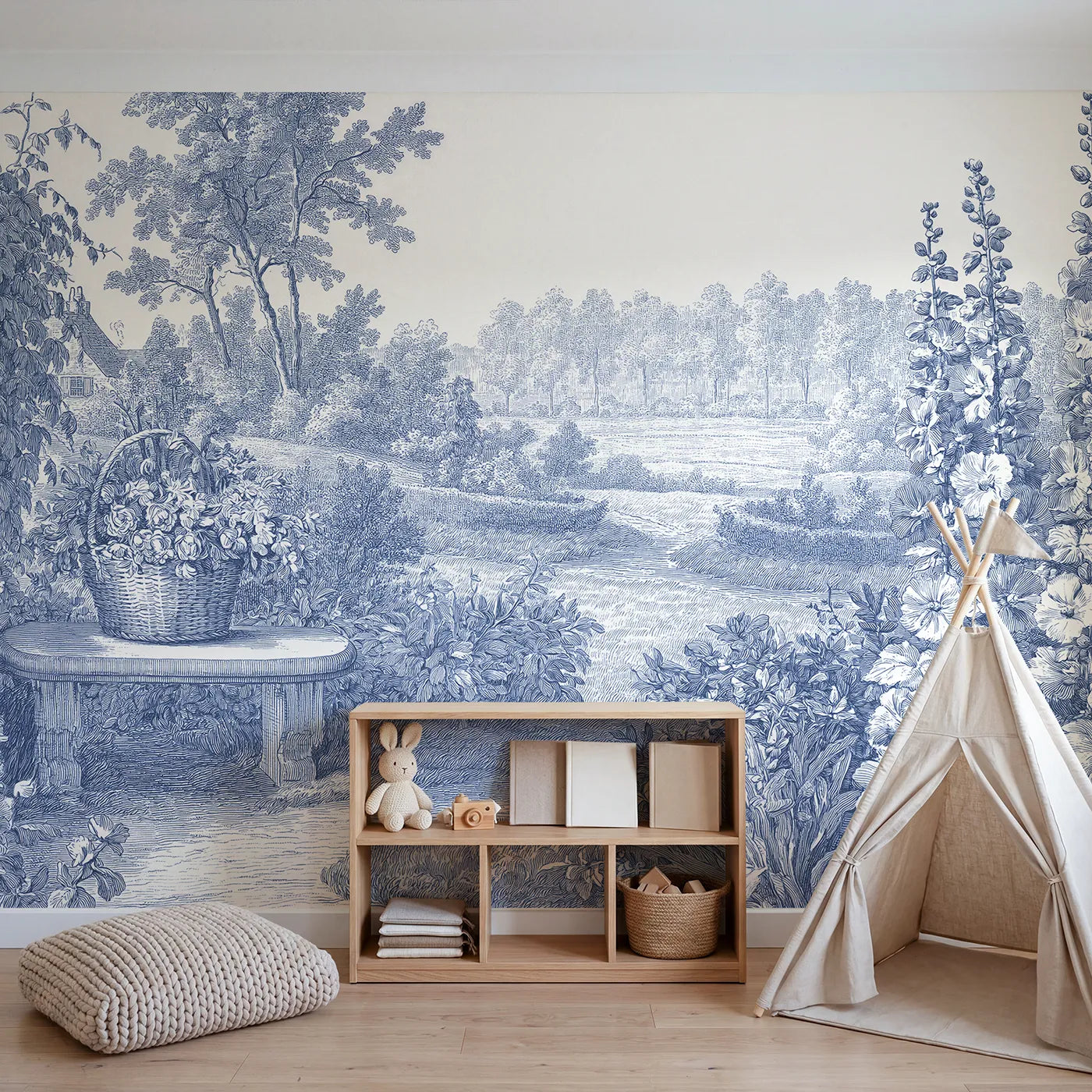 Flower Basket Still Wallpaper Mural in playroom setting by Whimsy Tots