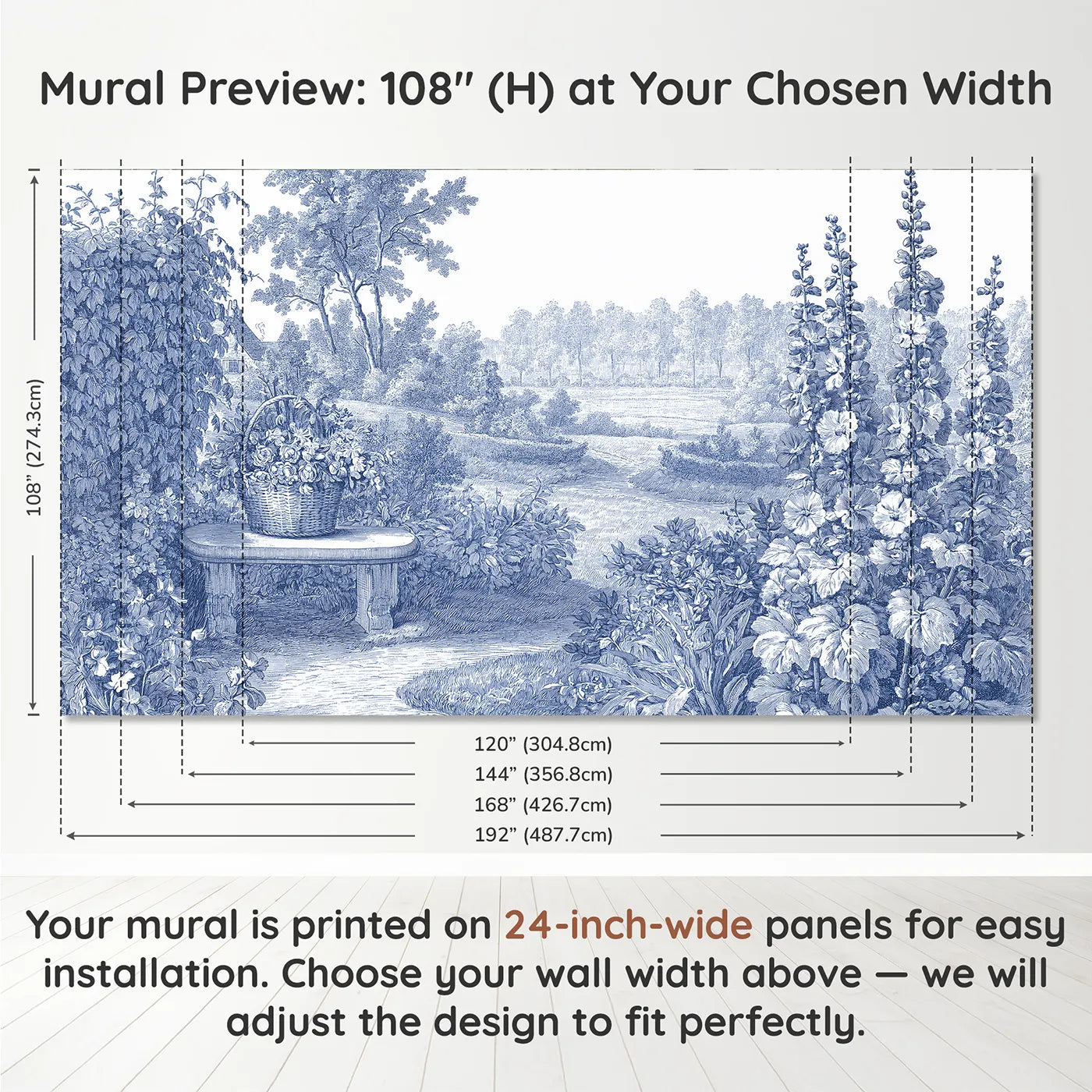 Panel layout and dimensions for Flower Basket Still Wallpaper Mural by Whimsy Tots