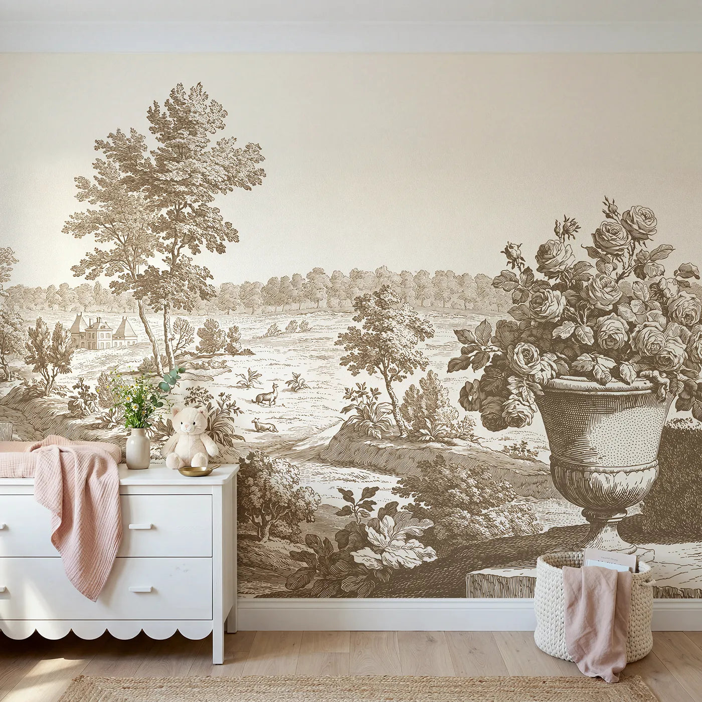 Toile wall mural of an urn overflowing with roses in brown ink by Whimsy Tots