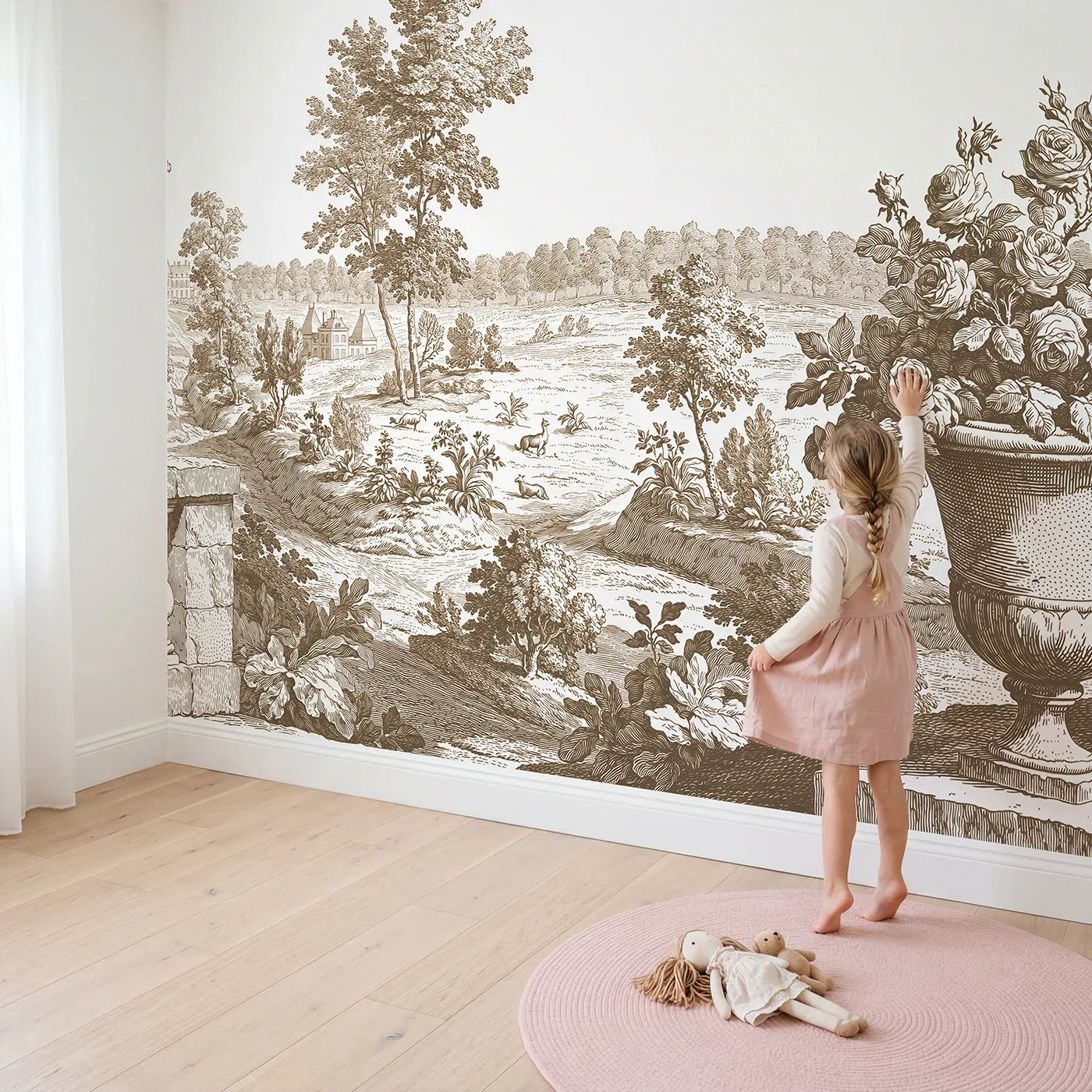 Child in nursery with Garden Urn Roses Wallpaper Mural in Brown by Whimsy Tots