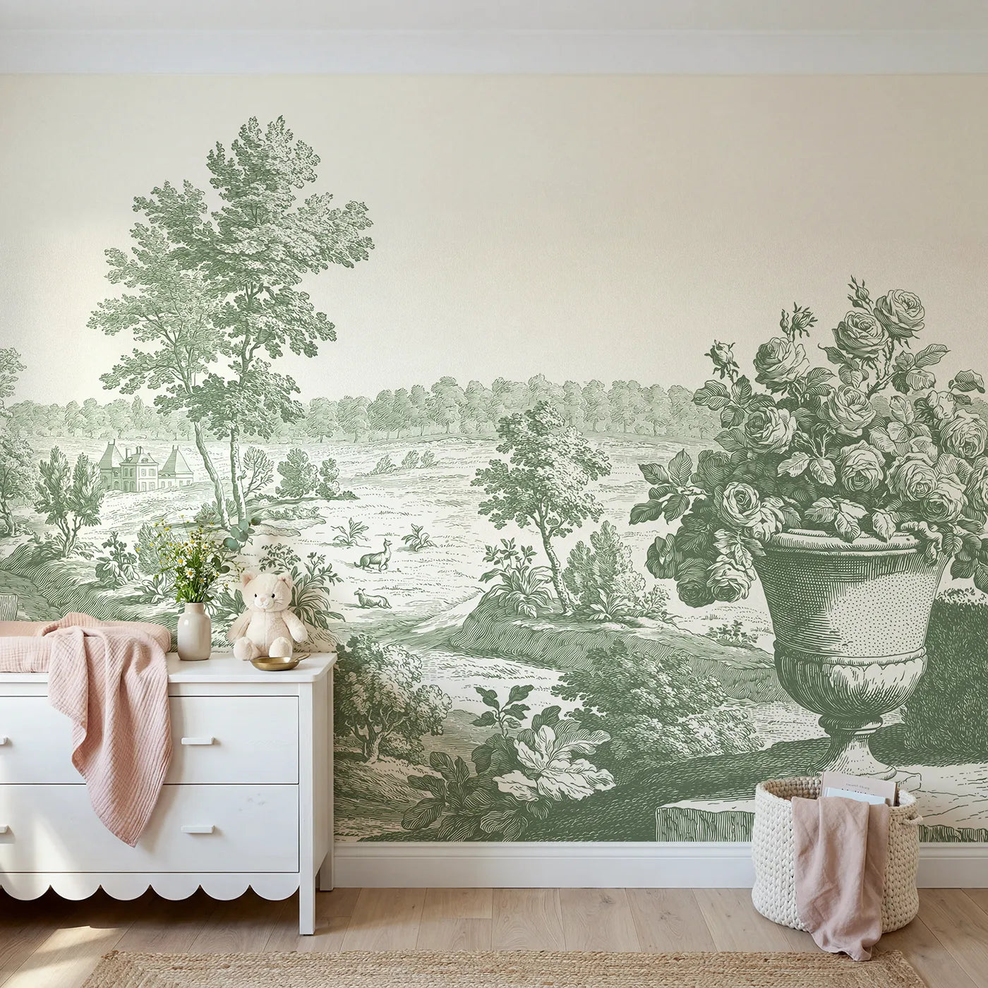 Toile wall mural of an urn overflowing with roses in green ink by Whimsy Tots