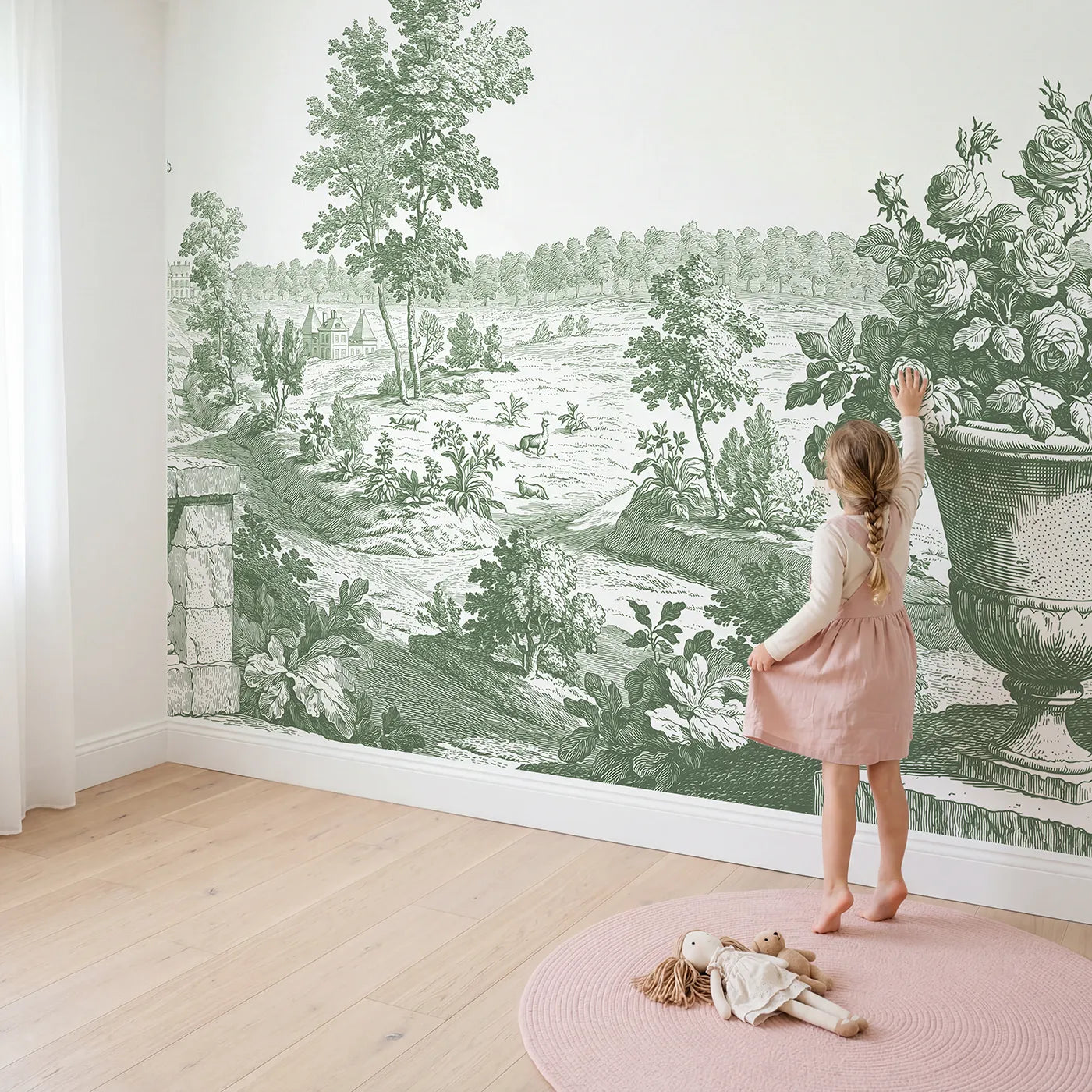 Child in nursery with Garden Urn Roses Wallpaper Mural in Green by Whimsy Tots
