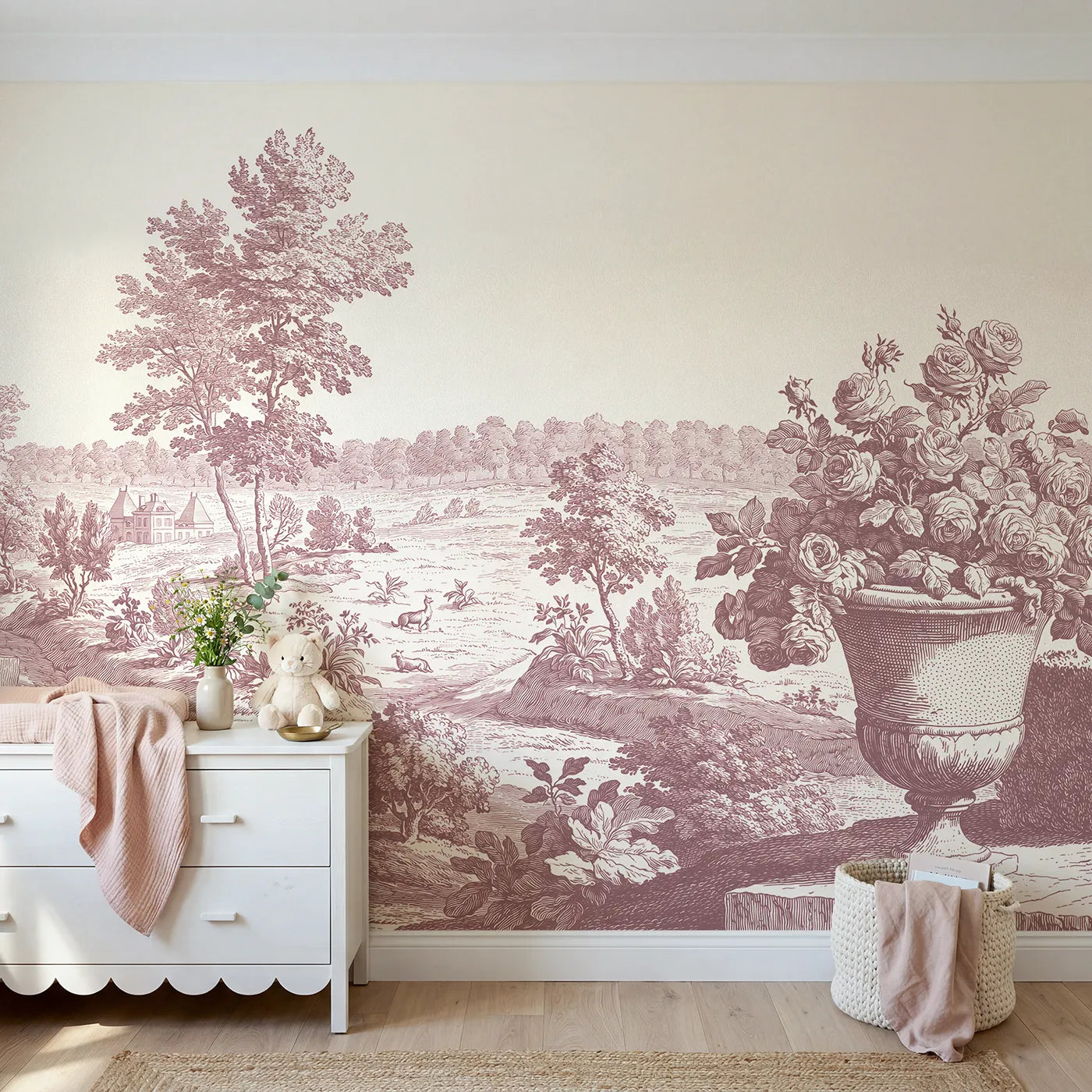 Toile wall mural of an urn overflowing with roses in pink ink by Whimsy Tots