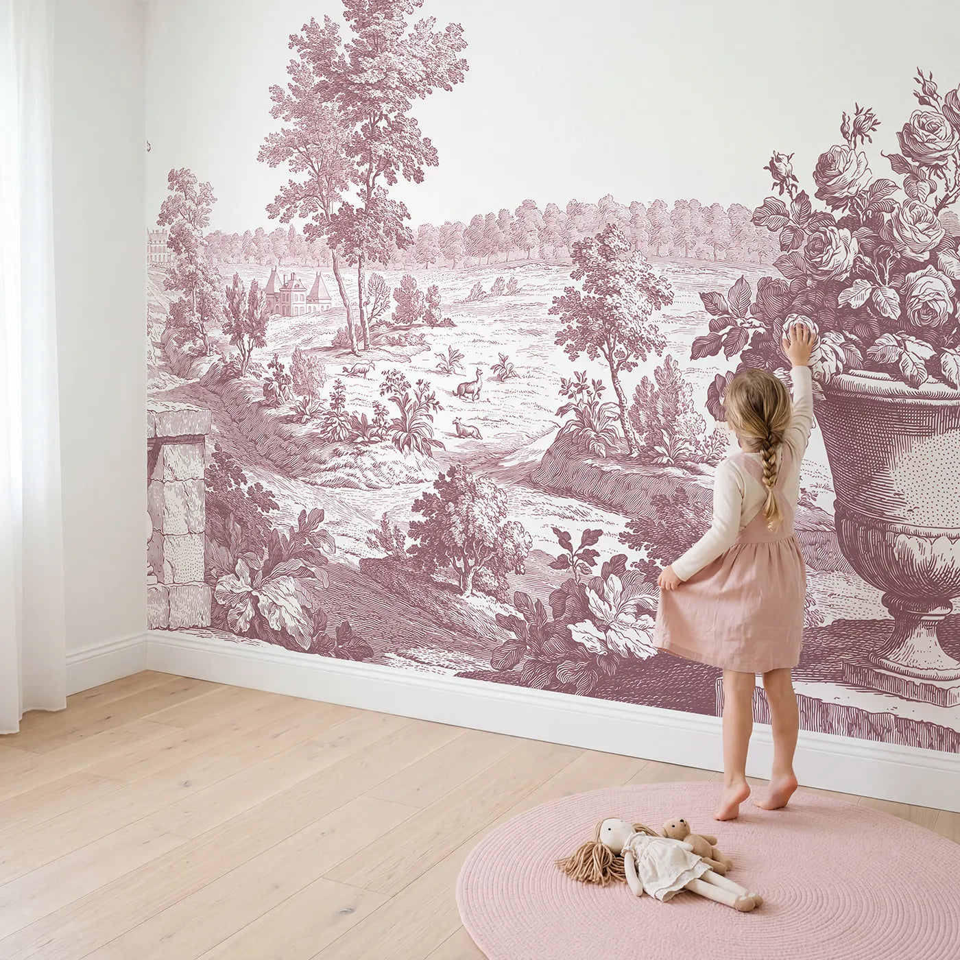 Child in nursery with Garden Urn Roses Wallpaper Mural in Pink by Whimsy Tots