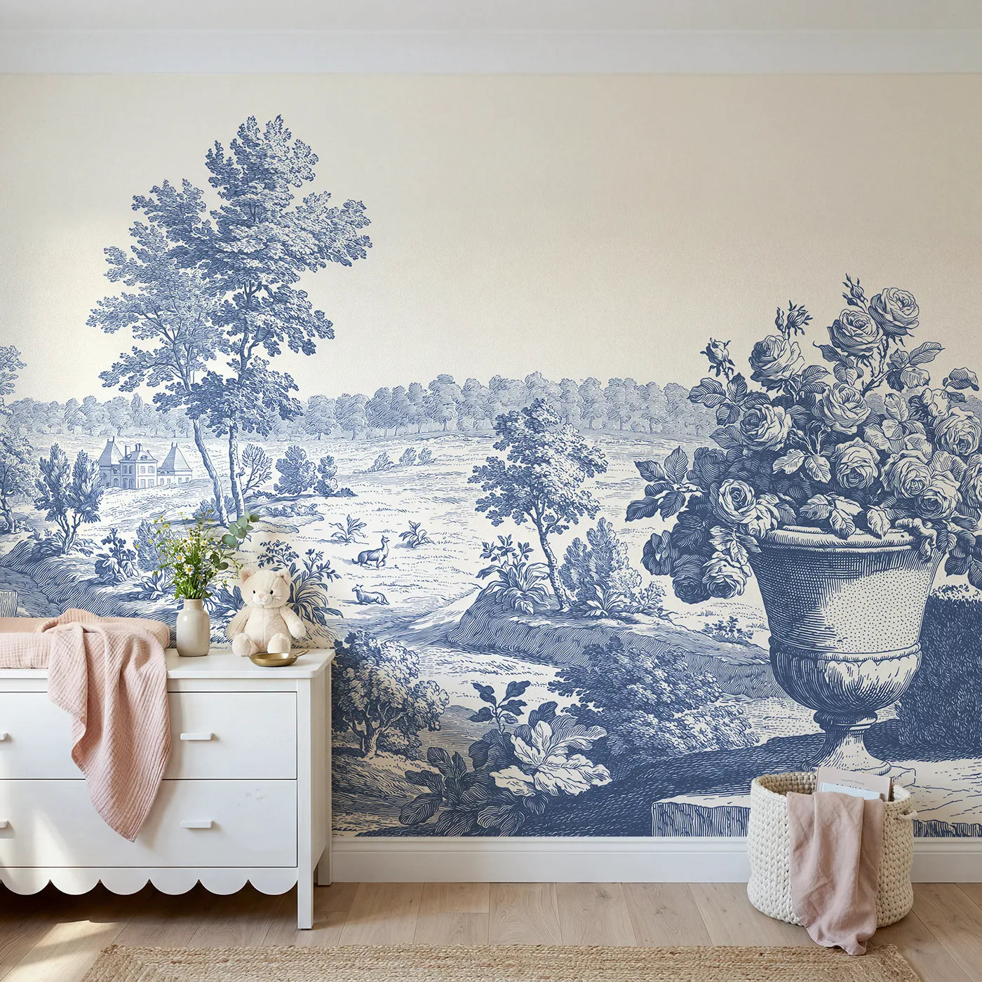 Toile wall mural of an urn overflowing with roses in single ink by Whimsy Tots