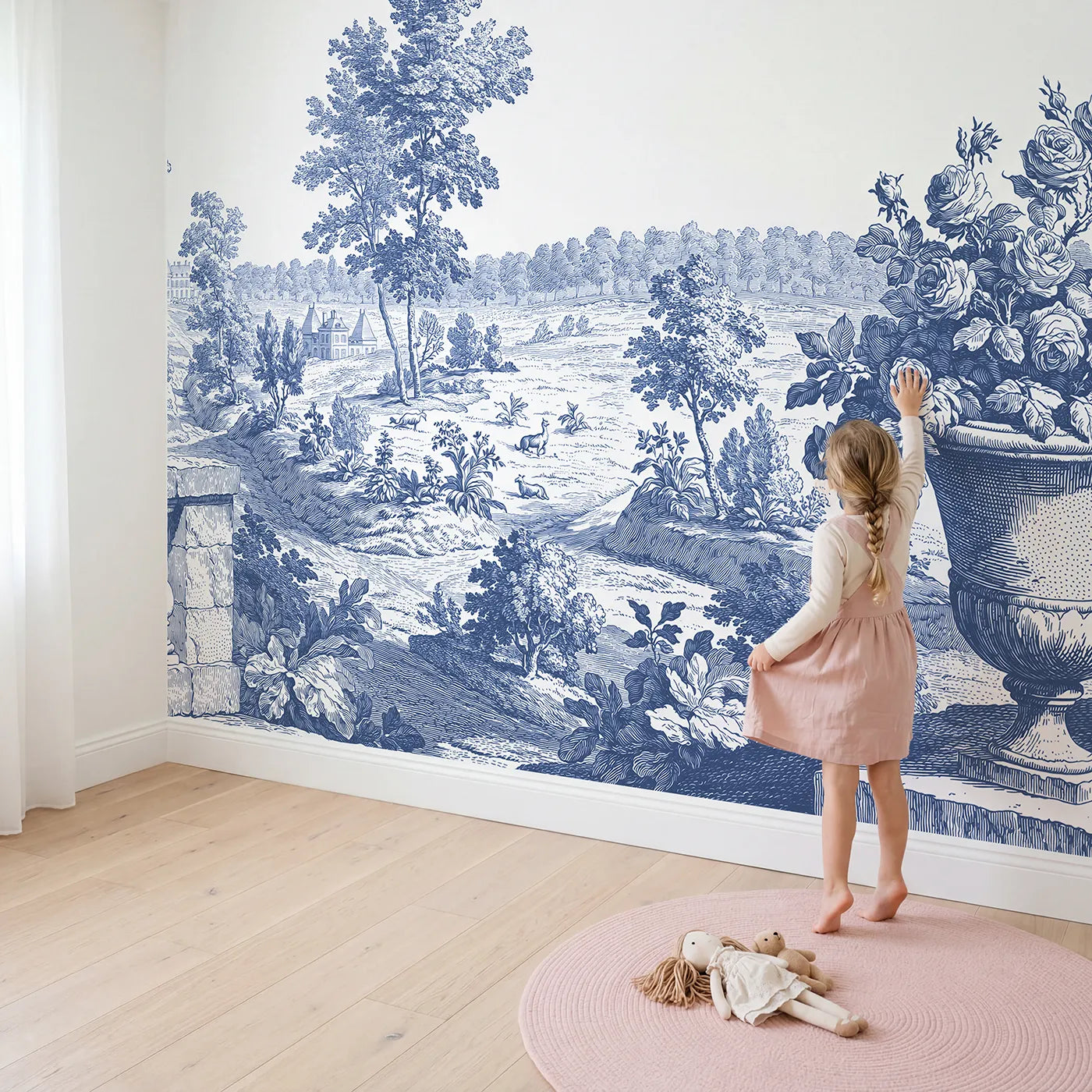 Child in nursery with Garden Urn Roses Wallpaper Mural by Whimsy Tots
