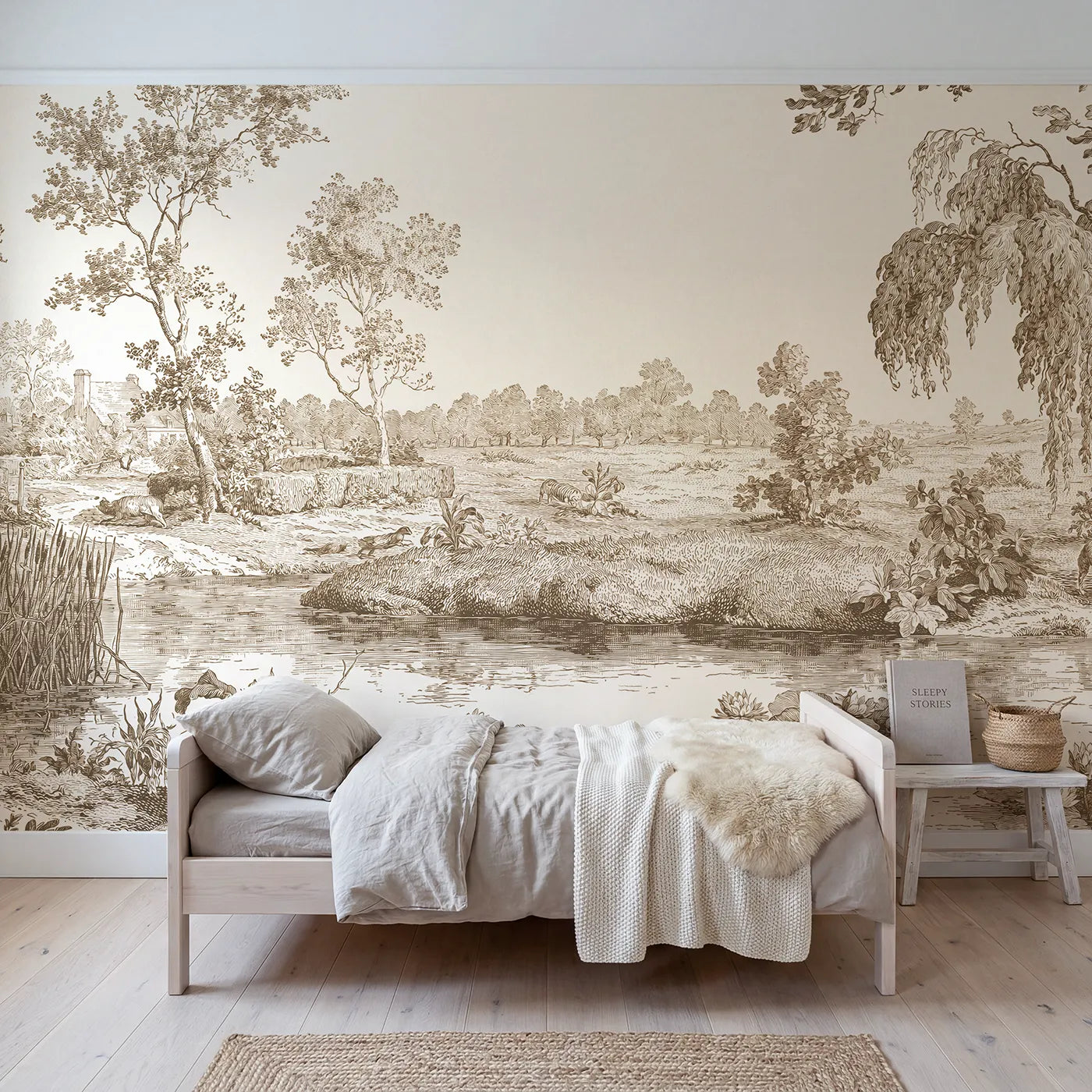 Toile wall mural of water lilies on a pond in brown ink by Whimsy Tots