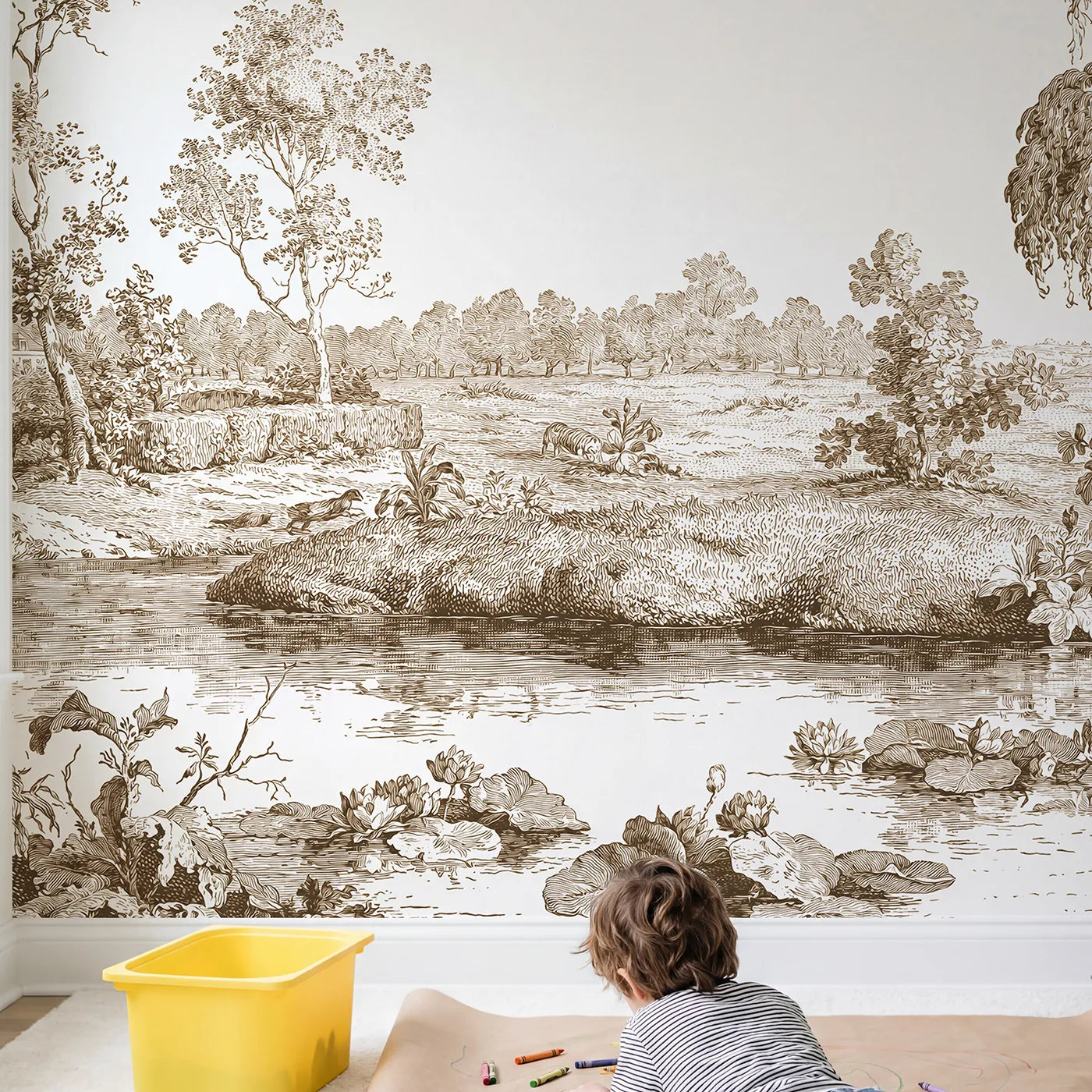 Child in nursery with Lily Pond Calm Wallpaper Mural in Brown by Whimsy Tots
