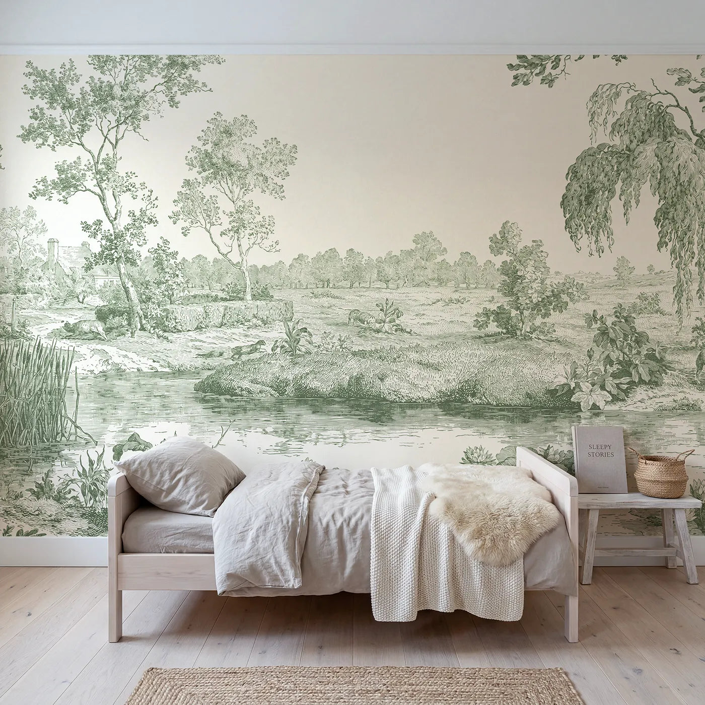 Toile wall mural of water lilies on a pond in green ink by Whimsy Tots