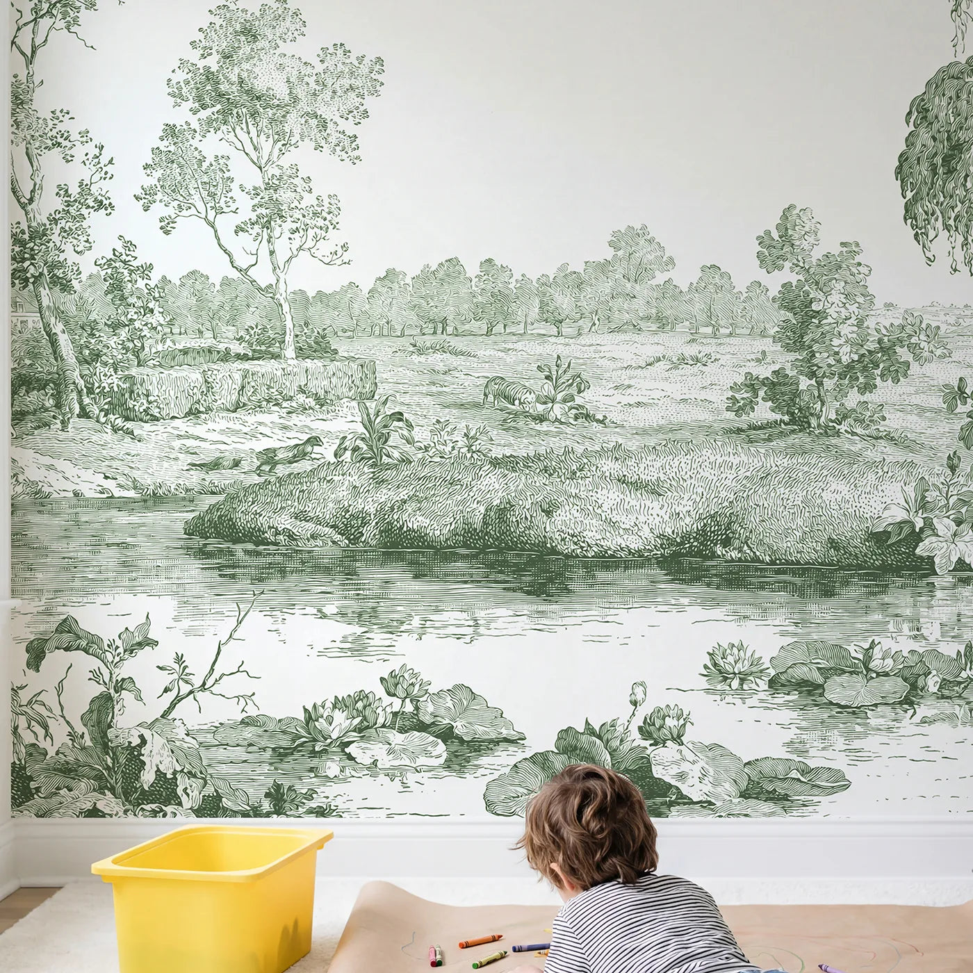 Child in nursery with Lily Pond Calm Wallpaper Mural in Green by Whimsy Tots