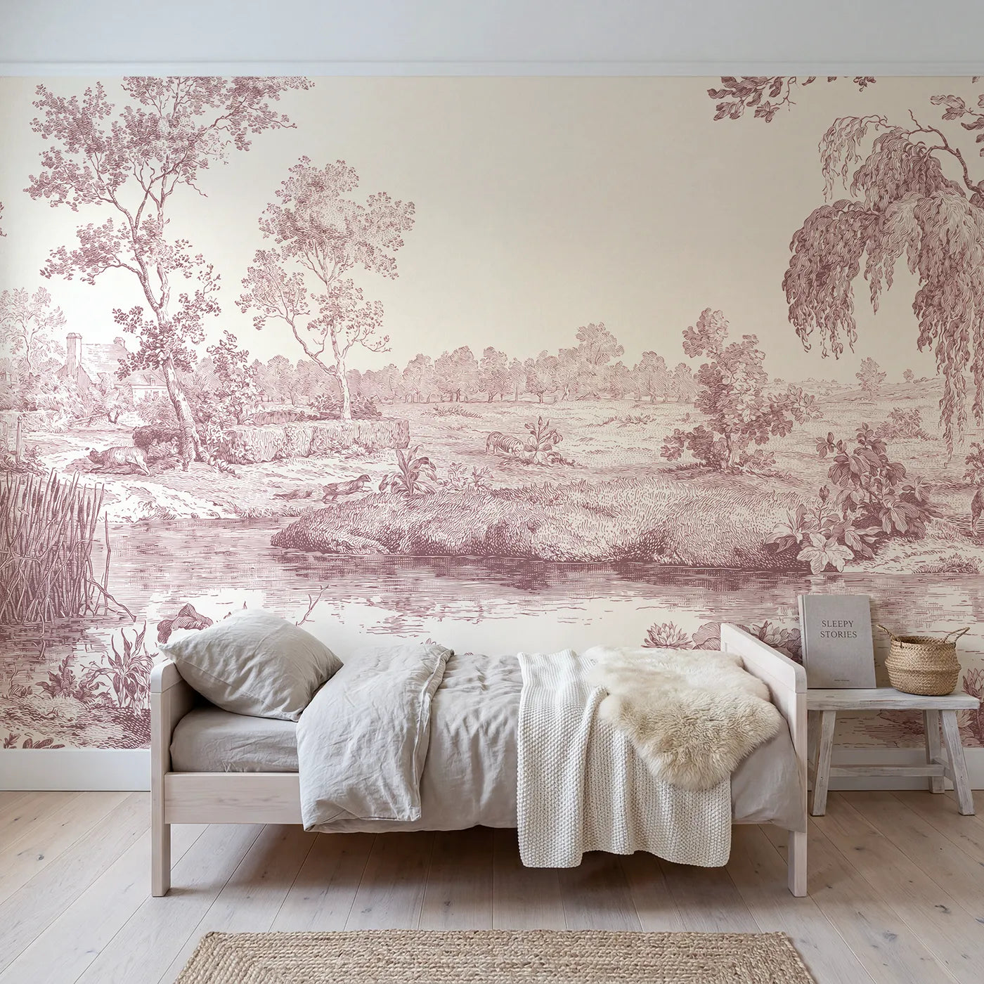 Toile wall mural of water lilies on a pond in pink ink by Whimsy Tots