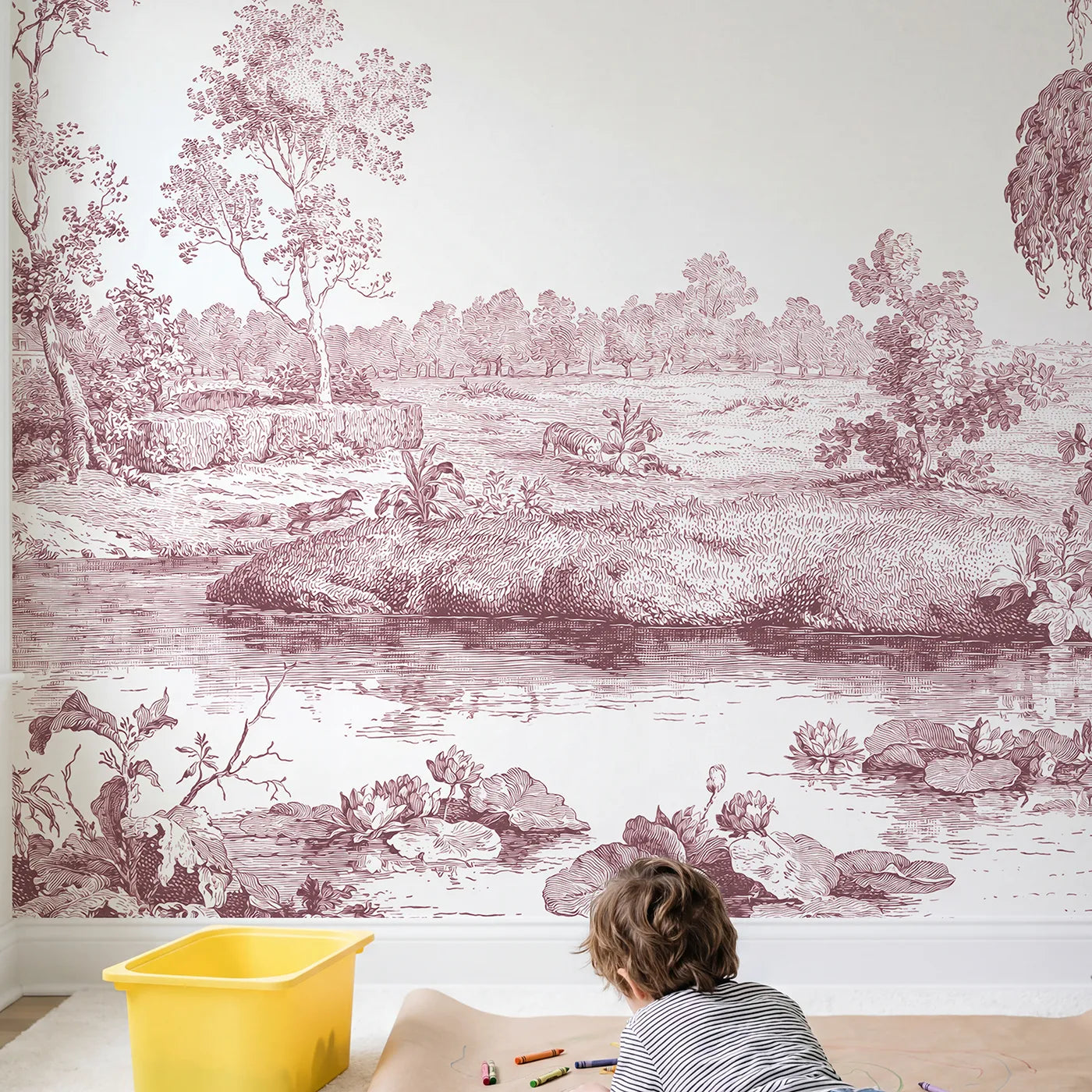 Child in nursery with Lily Pond Calm Wallpaper Mural in Pink by Whimsy Tots