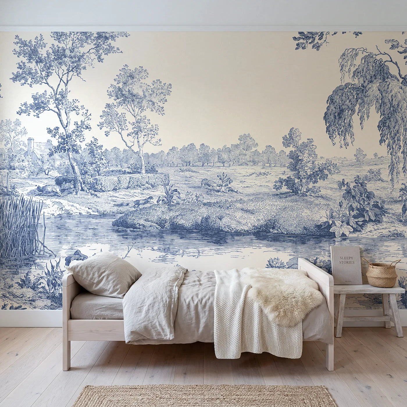 Toile wall mural of water lilies on a pond in single ink by Whimsy Tots