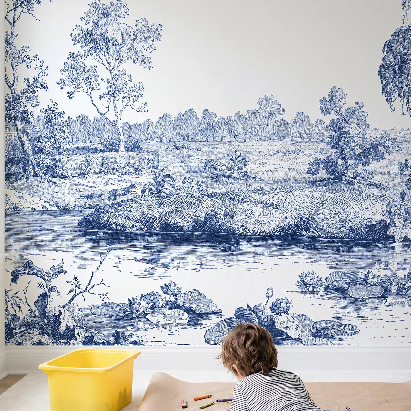 Child in nursery with Lily Pond Calm Wallpaper Mural by Whimsy Tots