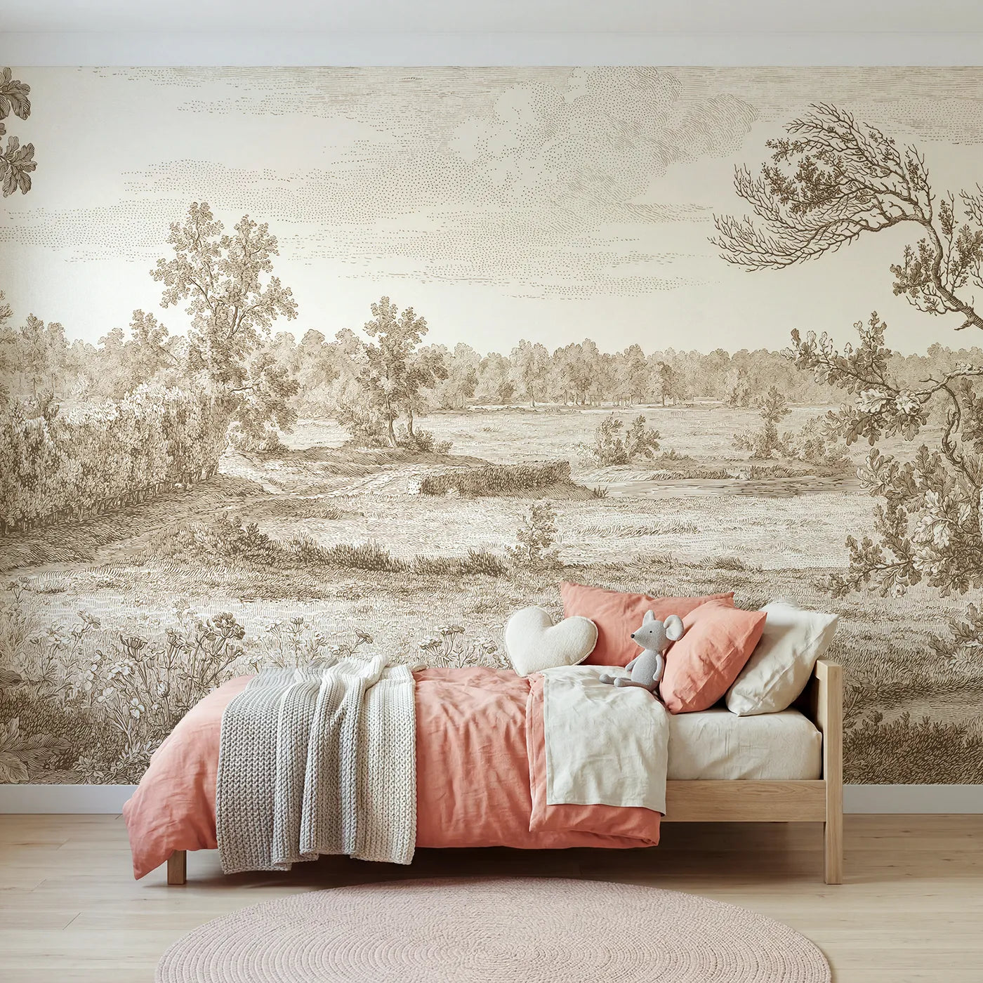 Toile wall mural of wildflowers drifting a field in brown ink by Whimsy Tots