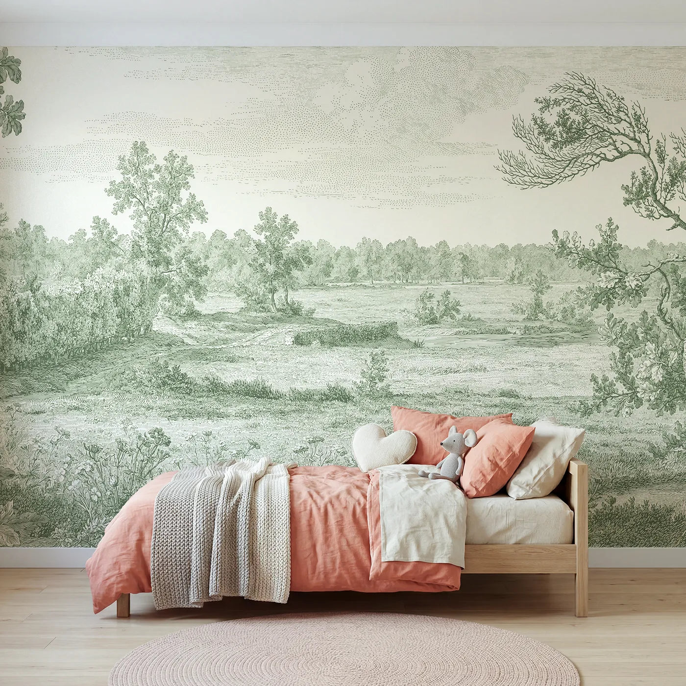 Toile wall mural of wildflowers drifting a field in green ink by Whimsy Tots