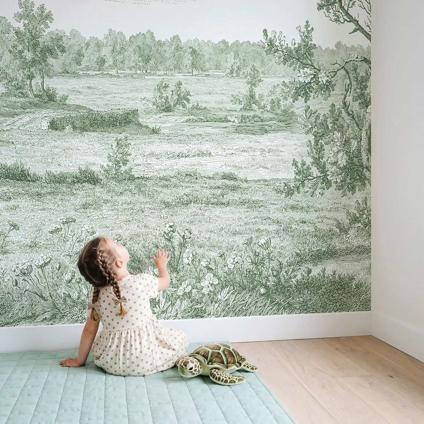 Child in nursery with Wildflower Field Drift Wallpaper Mural in Green by Whimsy Tots