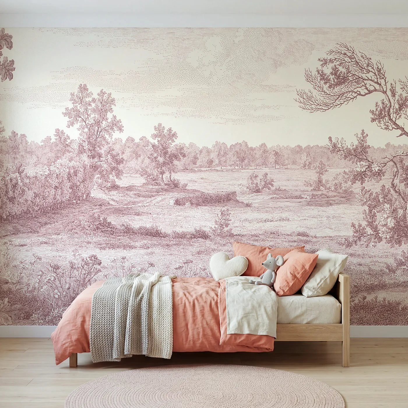 Toile wall mural of wildflowers drifting a field in pink ink by Whimsy Tots