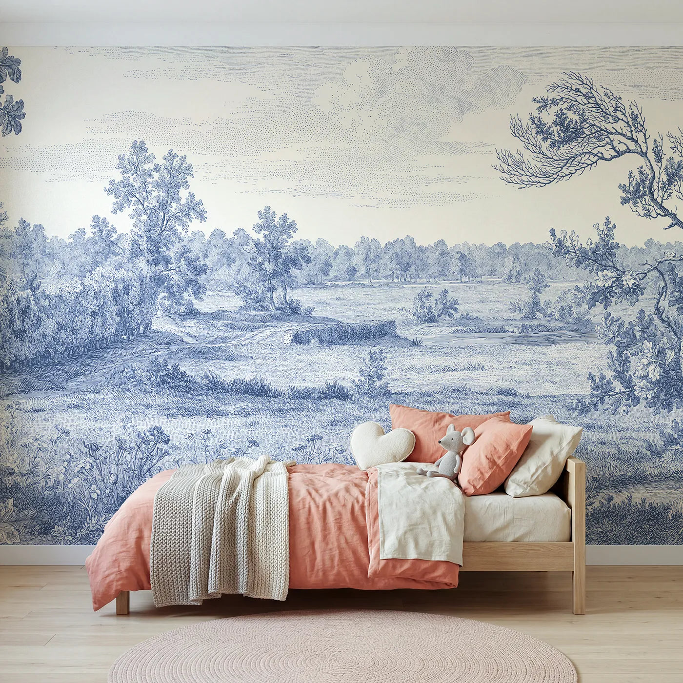 Toile wall mural of wildflowers drifting a field in single ink by Whimsy Tots