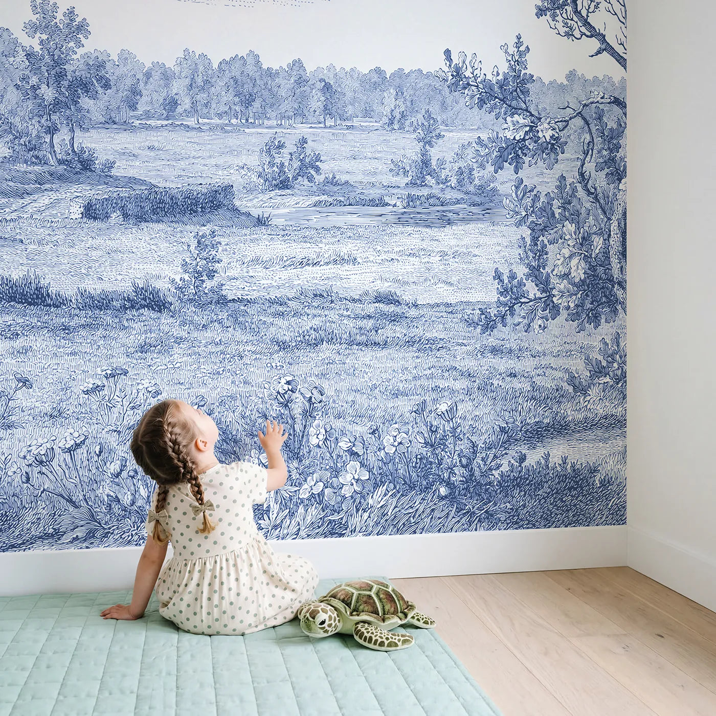 Child in nursery with Wildflower Field Drift Wallpaper Mural by Whimsy Tots