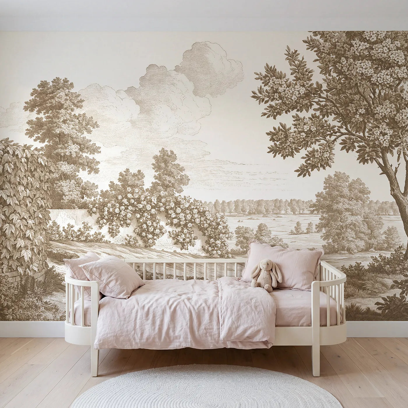 Toile wall mural of cascading climbing roses in brown ink by Whimsy Tots